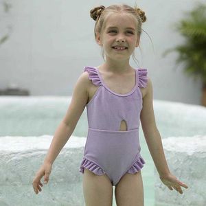 Girls' Solid Color One-Piece Swimsuit with Lace Detail - Wholesale Children's Swimwear