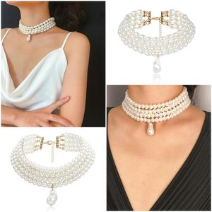 Choker Boho Multi Layer Pearl Necklace Women Collar Uttalande CLAVICLE CHAIN ​​HALKACH BRINCOS Fashion Jewelry Chokers