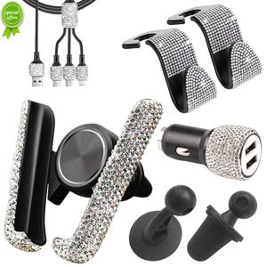 New 5Pcs Rhinestone Car Accessories Set Bling Kit With Dual USB Car Charger 3 In 1 Charging Cable Air Vent Phone Holder Hooks