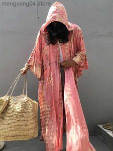 Women's Swimwear Boho Pink Hooded Cardigan Self-tie Tunics Bikini Cover Up Sexy Long Dress Pareo Sarong 2023 Women Beach Bathing Suit Beachwear T230505