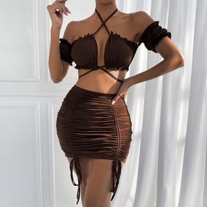 Suits Summer Sexy Solid Two Piece Sets for Women Ruched Halter Off Shoulder Crop Top Drawstring Skirts 2022 New Hot Sale Items