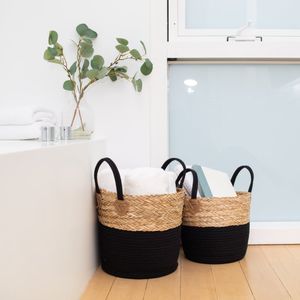 Set of 2 Round Storage Basket, Braided Seagrass Cotton Rope, MD SM , Natural Black