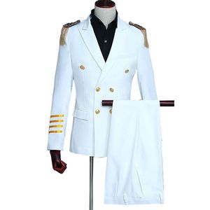 Mäns kostymer blazers mens kapten kostymer lapel flygbolag pilot kapten kostym kostym uniform fancy klänning jacka byxor groom bröllop kostym blazer smal fit 230505
