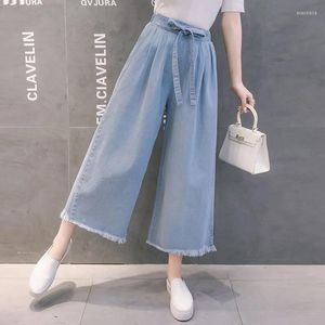 Women's Jeans High Waist Denim Ninth Wide Leg Pants 2023 Summer Frenulum Solid Pocket Succinct Female Oversize S-5XL