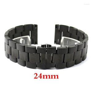 Watch Bands 24mm Black Solid Link Stainless Steel Wrist Band Deployment Buckle With Push Button Strap Bracelet Men Women GD013924