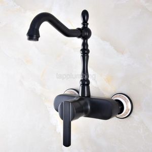 Bathroom Sink Faucets Black Oil Rubbed Brass Wall Mounted Basin Faucet Single Handles 360°Swivel Spout Cold Water Mixer Tap Tnf876