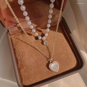Chains Colorful L Elegant And Exquisite Imitation Pearl Heart Pendant Necklace Cute Double Layer Chain For Women Jewelry Girl Gift