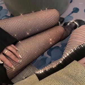 Kvinnliga strumpor sexiga strumpor tights Rhinestone Mesh Fishnet Pantyhose Kvinnlig strumpor Meias Collant Femme Black