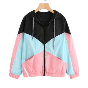 Jackets femininos Mulheres com zíper de manga longa bolsos de esporte casual Casual Multi Color Cut e Sew Windbreaker com casacos de bloco colorido de capuz 230505