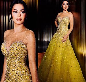 2023 May Aso Ebi Ebi Amarelo Mermaid Prom Dress Crystals Fisos de contas luxuosas de festa formal em segunda recepção Vestidos de noivado de aniversário Robe de Soiree ZJ166