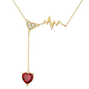 Kedjor yfn 14k real guld hjärtdropp y halsband för kvinnor gul livslinje puls hjärtslag hänge juveleriga gåvor