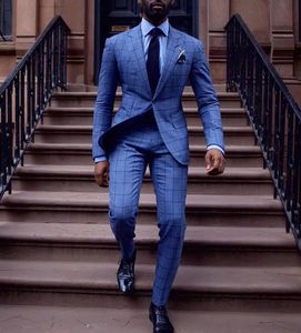 Erkekler Suits Blazers Blazer Setler Erkek Kostüm Zarif Düğün Adam Elbise Evlilik Erkek Erkek Takas Mavi Ekose Bir Düğme İnce 2 Parti Elbise 230505