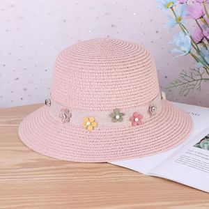 Wide Brim Hats Women Straw Hat Bandage Seashell Decor Round Flat Top Sunscreen Solid Color Flower Outdoor Trip Summer Beach Headwear