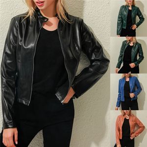 Women's Jackets New Ladies Slim Faux Leather Jacket Stand-Up Collar Long Sleeve Overcoat Zipper Cardigan Short Coat abrigos mujer invierno 230505