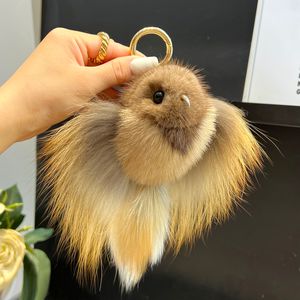 Real Genuine Mink Fur Bird Keychain Pompom Ball Bag Charm Purse Bag Car Phone Pendant Keyring Kids Toy