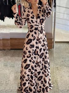 Casual Kleider Damenmode Sexy Tiefes V Partykleid Ballkleid Formal Leopard Print Button Design Langarm Maxi