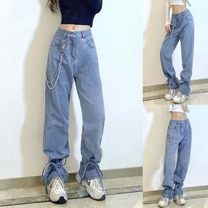 Kvinnors jeans lösa kedja kvinnors mode midja höga band personlighet byxor kvinnor
