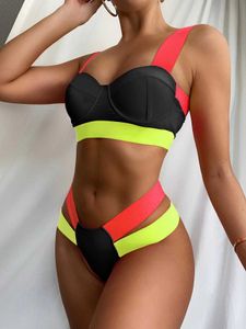 Contrast Bandage Bikini Womens Hard Wrapped Underwire Swimsuit