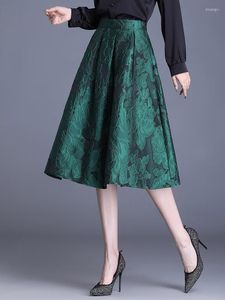 Skirts High Quality Autumn Winter Jacquard Womens 2023 Black Green Waist A Line Skirt Mid-Long Pleated Female 027