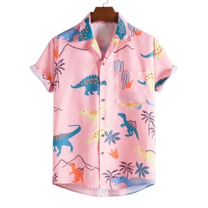 Camisas casuais masculinas Manga curta camisa havaiana Hanbok harajuku engraçado dinossauro de dinossauro impressão rosa camisa masculina Top 230505