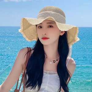 Chapéus largos de chapéus de renda para mulheres Protetor solar de verão praia coreana corda de vento viagens de sol elegante balde elegante