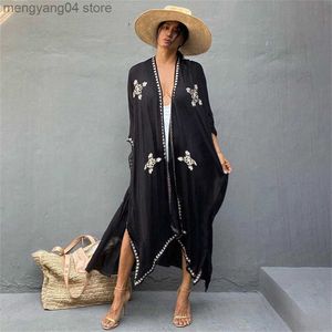 Women's Swimwear 2022 Boho Snowflake Print Bikini Cover-Ups Elegant Self Belted Dress Tunic Women Long Cardigan Beach Wear Cover Up Swim Suit T230505