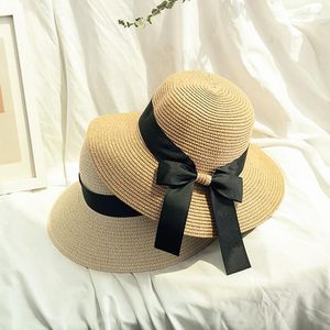 Hüte mit breiter Krempe Sommer Damen Bowknot Ribbon Sonnenschutzhut Stroh Damen Casual Beach Floppy Panama Caps