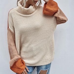 Women's Sweaters Sweater Contrast Colors Knitted Turtle Neck Flare Sleeve Lady Winter Top For Home