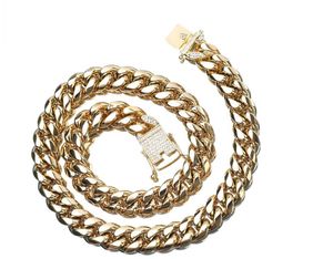 12mm mäns hip-hop rock 18k guldpläterad kubansk kedja spänne vit lad diamant titan stål halsband armband