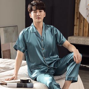 Mäns sömnkläder Summer Silk Män Kort ärm pyjamas Set Cardigan Turn-Down Collar Mens Sleepwear Casual Soft 3XL Male Homewear Suits 230505