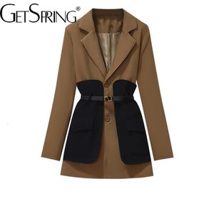Kvinnor Vests Getspring Women Blazer Patchwork Single Breasted Full Sleeve Ladies Suit Pock Belt Color Matching Long Jacket 230505
