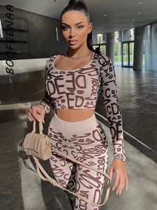 Womens Two Piece Pants BOOFEENAA Graffiti Letter Print Matching Sets for Women Track Suit Fashion Sexy 2 Set Crop Top and Leggings C17DZ32 230505