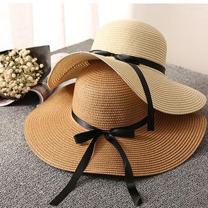 Wide Brim Hats Elegant Women's Summer Hat Sun Protection Cap Female Flat Top Foldable Big Bow Ribbon Straw Beach