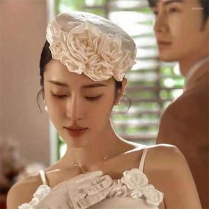 Headpieces Chaoxian Sen Series Satin Embroidered Flower Hat Bridal Wedding Studio Headwear Pography And Makeup Design Accessories