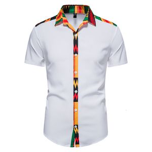 Men's Casual Shirts African Kente Print Shirt Short Sleeves Summer Men's Fashion Patchwork Button Turn Traditional Dashiki Casual Work Tops 230505