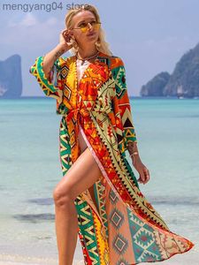 Women's Swimwear Swimsuit Cover Up Printed Kimono for Sea Boho Coverup Long Luxury Beach Outings Belted Swimwear Cape Holiday Bathing Suits Sales T230505