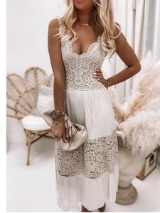 Casual Dresses Summer Women's Sleeveless Casual Style Polyester Material New Fashion Lace V-Neck A-line Long Dress Mid Waist Dress 230505