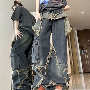Damen Jeans Vintage Patch Baggy Jeans 2023 Frühling American High Street Hiphop Trend Cargohose in Mode Nische breites Bein 230504