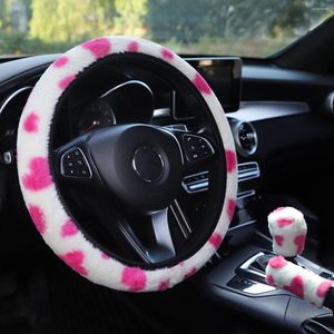 Steering Wheel Covers 3Pcs Soft Plush Cover Kit With Stop Lever Hand Brake Wool Winter Warm Auto Car Interior Accessories
