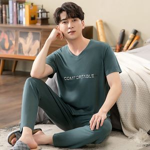 Mäns sömnkläder Män modal bomullspyjamas Set Summer Short-Sleeve Tops Long Pants Nightwear Home Wear Duits Simple Fashion Sleepwear For Men 230505