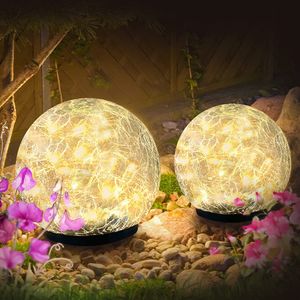 Garden Solar Ball Lights Outdoor Waterproof, 20 LED Cracked Glass Globe Solar Power Ground Lights for Path Yard Patio Lawn, Decoration Landscape Warm White