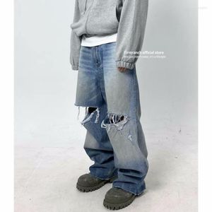 Men's Jeans Firmranch 2023 Blue Baggy For Men Women Big Hole Ripped Mopping Flared Denim Pants Streetwear Oversize Version Trousers