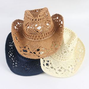 Ampla borda chapéus balde moda oco artesanal cowboy palha chapéu mulheres verão ao ar livre viagem praia sol unisex sólido ocidental sunshade boné 230504