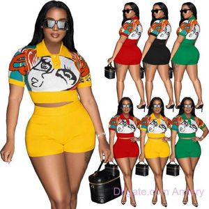 2023 New Women's Fashion Tracksuits Two Piece Short Set Printed Polo Collar Cashmere Thread Spliced Tops And Shorts 2 Pcs Sets Ladies Summer Outfits