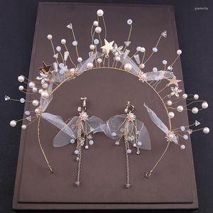 Collana Orecchini Set Sposa Ornamenti fatti a mano Garza di seta coreana Fascia per capelli a cinque stelle Testa con accessori per abiti da sposa da sposa NA