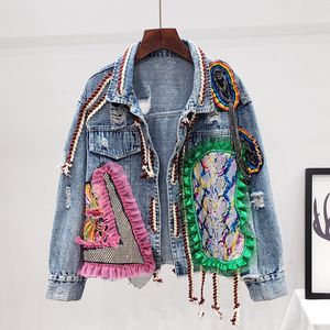 Jackets femininos Spring Autumn Streetwear Patchwork Print Print Diamonds Jacket jeans Menh Mesh Lace Up Casual Casual Casual Casal Feminino Feminino Feminino 230505