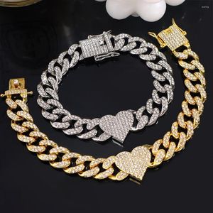 Charm Bracelets Hip Hop Full Rhinestones Heart Cuban Link For Women Gold Silver Color Bling Iced Out Miami Bracelet Jewelry