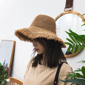 Breda randen hattar Sommarbåt för kvinnor Straw Sun Hat Lady Girls Lace Panma Beach Floppy Kvinnlig rese Folding Chapeu