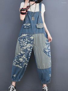 Kvinnors jeans lapptäcke tryck blandad denim jumpsuit kvinnor casual lös bred ben dungarees rand remmar byxor mamma baggy kvinnliga övergripande