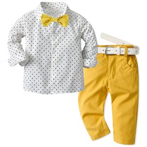 Kleidungssets Kinder-Outfit Kleidung Baby Boy Kleid Geburtstag Langarm Dot Bow Shirts Hose Gürtel 3 PCS Infant Kid's Birthday Set Suit 230505